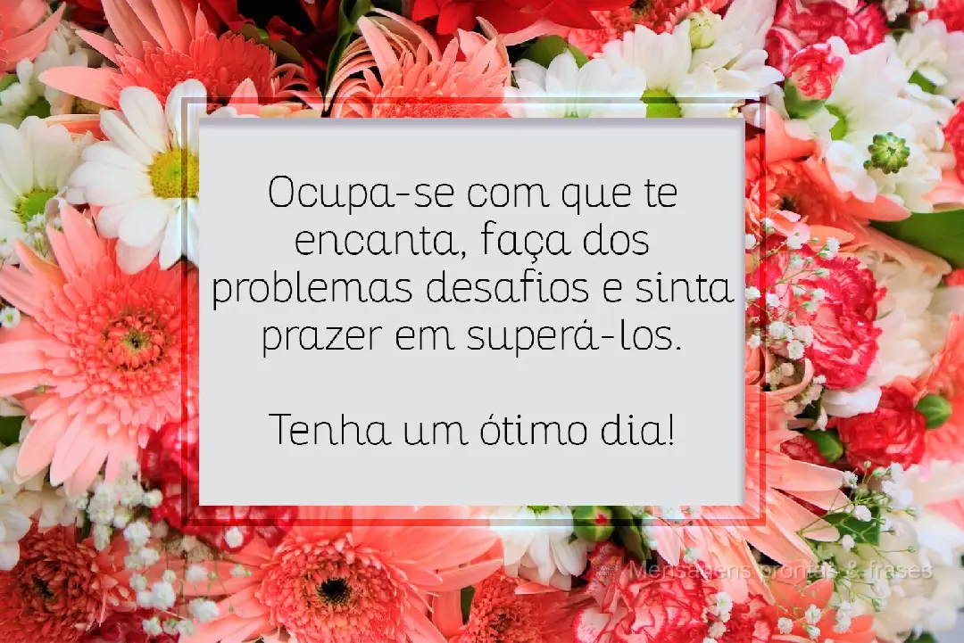 Ocupa-se com o que te encanta. Faça dos problemas desafios e sinta prazer em superá-los.  Tenha um ótimo dia!