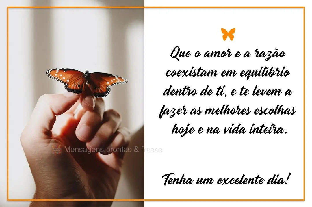 Que o amor e a razão coexistam em equilíbrio dentro de ti e te levem a fazer as melhores escolhas hoje e na vida inteira. Tenha um excelente dia!