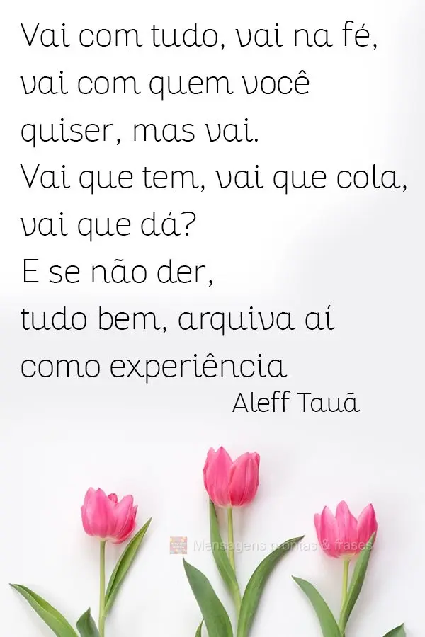 Vai com tudo, vai na fé, vai com quem você quiser, mas vai. Vai que tem, vai que cola, vai que dá? E se não der, tudo bem, arquiva aí como experiên...