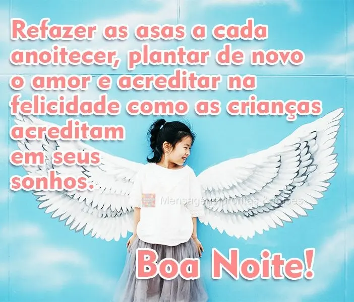 Refazer as asas a cada anoitecer, plantar de novo o amor e acreditar na felicidade como as crianças acreditam em seus sonhos. 
 Boa Noite!