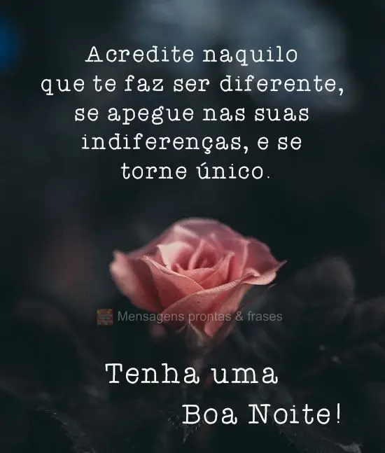 Acredite naquilo que te faz ser diferente, se apegue nas suas indiferenças, e se torne único. 
 Tenha uma Boa Noite!