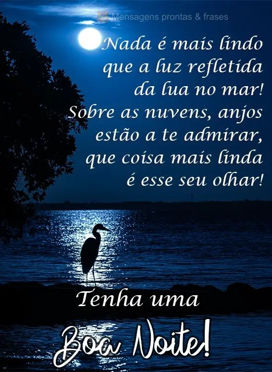 Nada é mais lindo que a luz refletida da lua no mar! Sobre as nuvens, anjos estão a te admirar. Que coisa mais linda é esse seu olhar! 
 Tenha uma Bo...