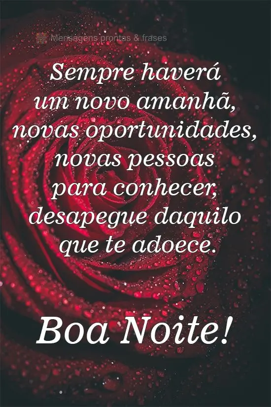 Sempre haverá um novo amanhã, novas oportunidades, novas pessoas para conhecer, desapegue daquilo que te adoece. 
 Boa Noite!