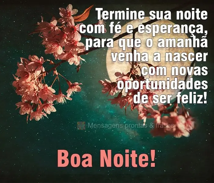 Termine sua noite com fé e esperança, para que o amanhã venha a nascer com novas oportunidades de ser feliz!  Boa Noite!