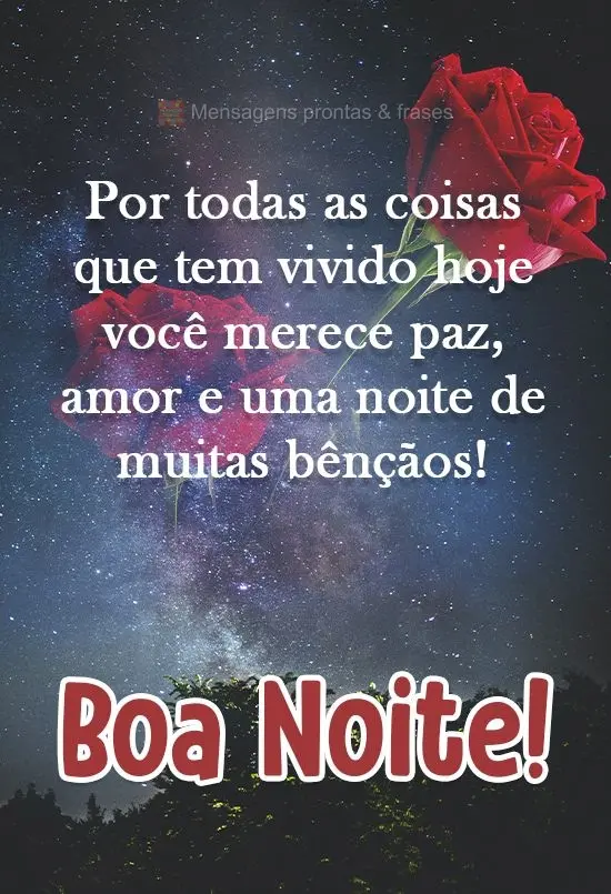 Por todas as coisas que têm vivido hoje, você merece paz, amor e uma noite de muitas bênçãos!  Boa Noite! 