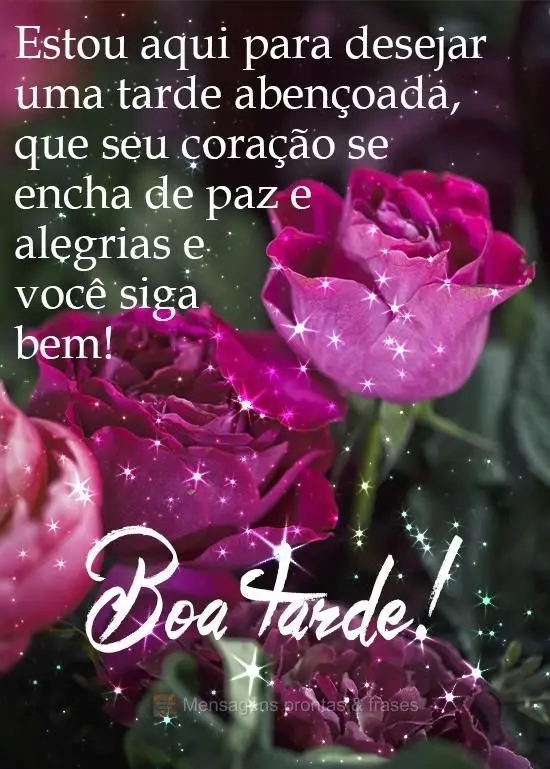 Estou aqui para desejar uma tarde abençoada, que seu coração se encha de paz e alegrias e você siga bem!  
 Boa tarde!