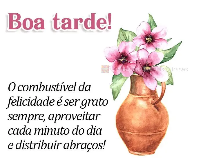O combustível da felicidade é ser grato sempre, aproveitar cada minuto do dia e distribuir abraços!  Boa tarde!