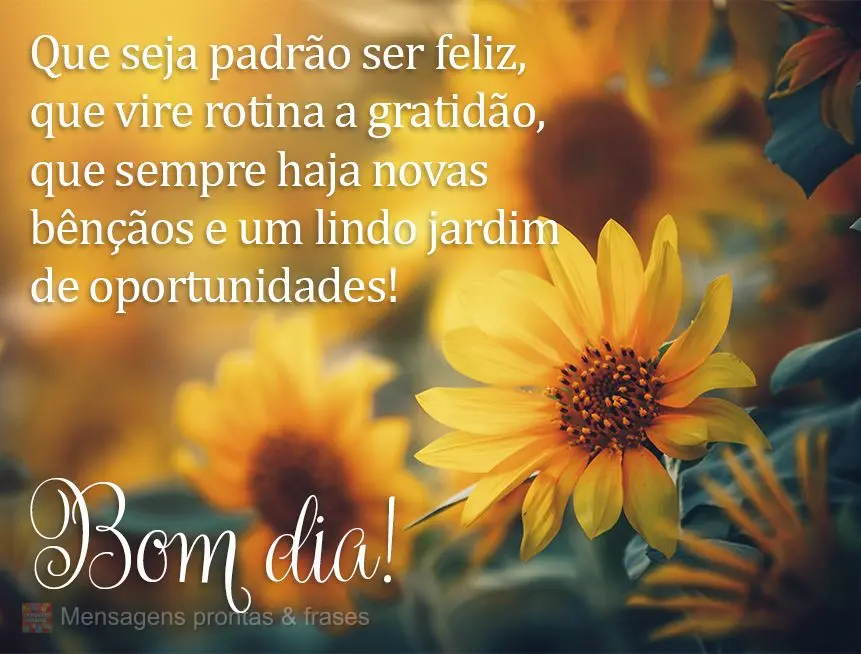 Que seja padrão ser feliz, que vire rotina a gratidão, que sempre haja novas bênçãos e um lindo jardim de oportunidades! Bom dia!
