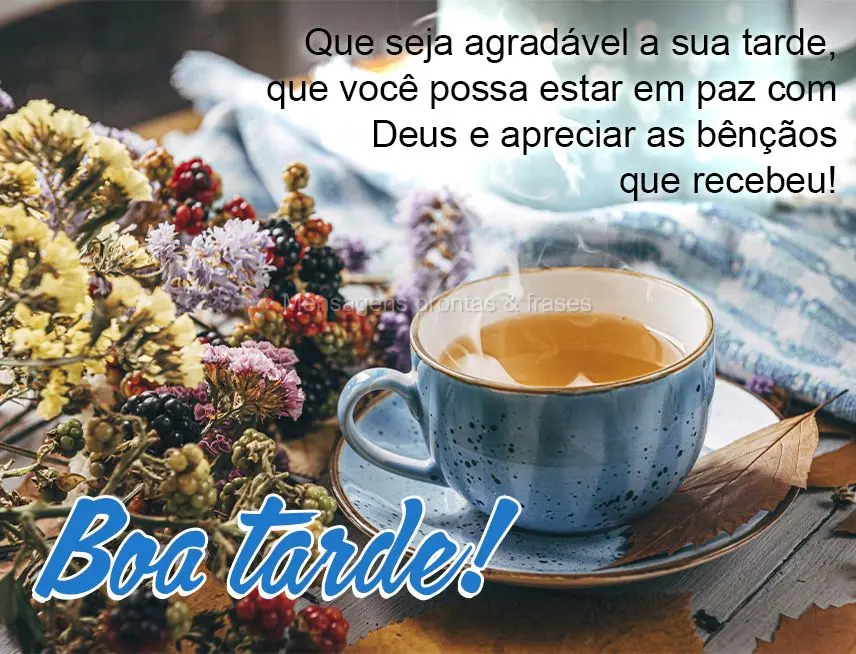 Que seja agradável a sua tarde, que você possa estar em paz com Deus e apreciar as bênçãos que recebeu! Boa tarde!
