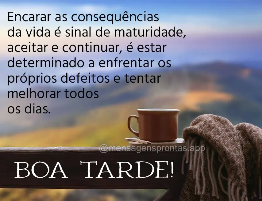 Encarar as consequências da vida é sinal de maturidade, aceitar e continuar, é estar determinado a enfrentar os próprios defeitos e tentar melhorar t...