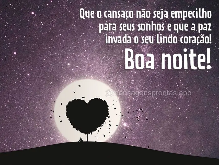 Que o cansaço não seja empecilho para seus sonhos e que a paz invada o seu lindo coração! Boa noite!