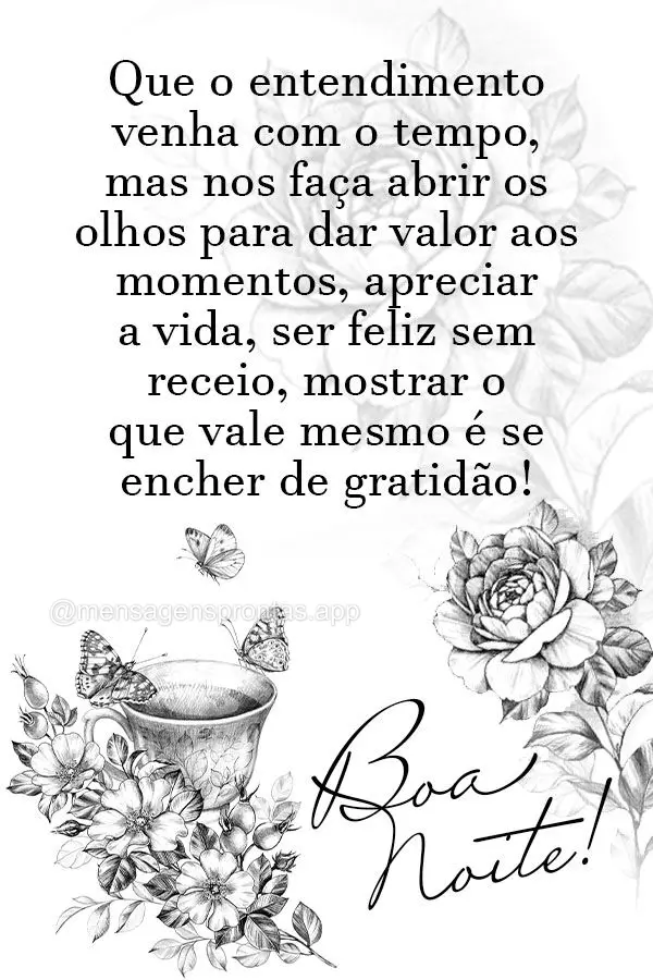 Que o entendimento venha com o tempo, mas nos faça abrir os olhos para dar valor aos momentos, apreciar a vida, ser feliz sem receio, mostrar o que vale...