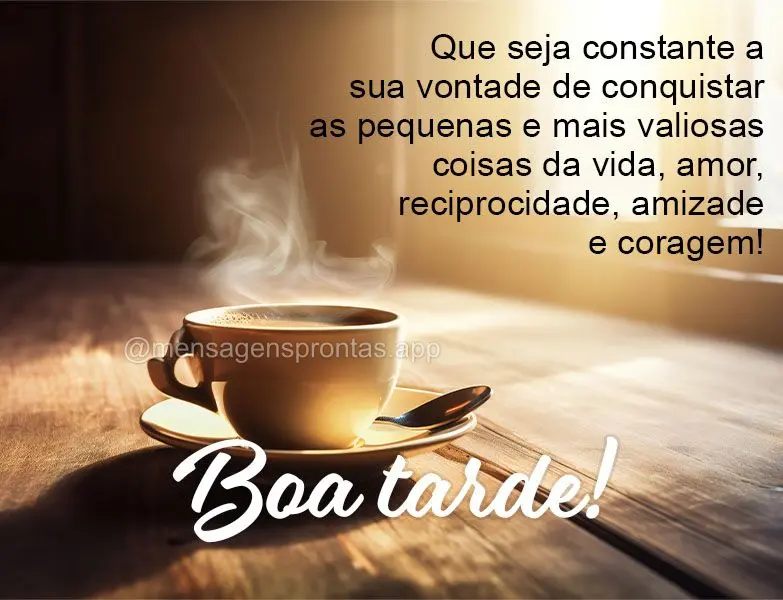 Que seja constante a sua vontade de conquistar as pequenas e mais valiosas coisas da vida, amor, reciprocidade, amizade e coragem! Boa tarde!