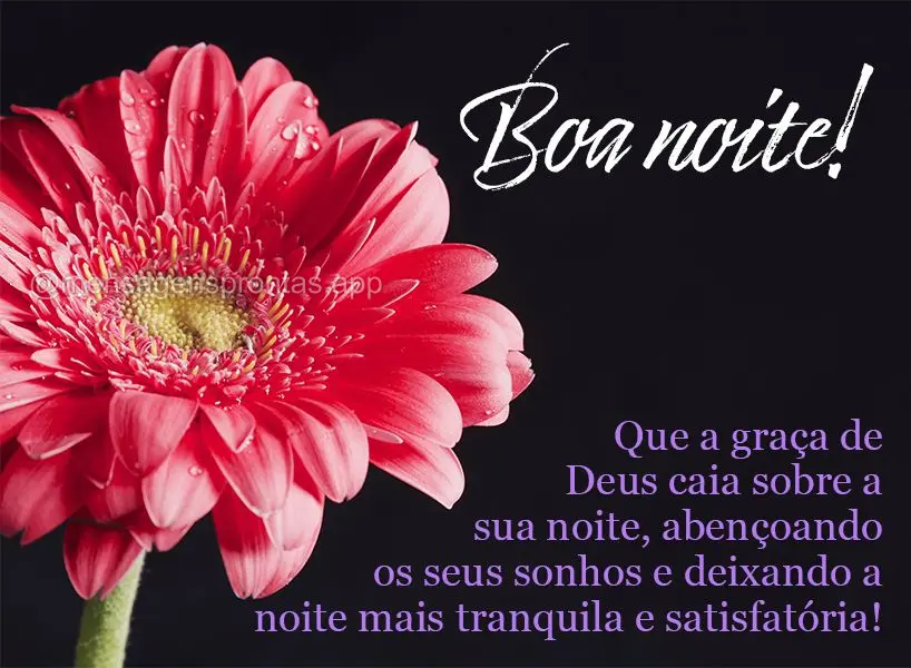 Que a graça de Deus caia sobre a sua noite, abençoando os seus sonhos e deixando a noite mais tranquila e satisfatória! Boa noite!