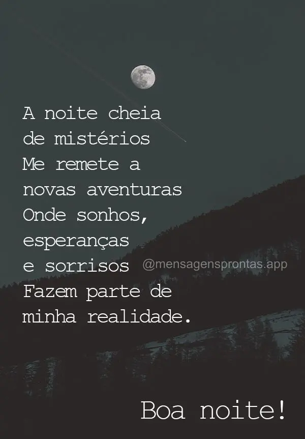 A noite cheia de mistérios Me remete a novas aventuras Onde sonhos, esperanças e sorrisos Fazem parte de minha realidade. Boa noite! 