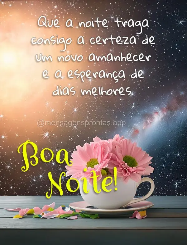 Que a noite traga consigo a certeza de um novo amanhecer e a esperança de dias melhores. Boa noite!