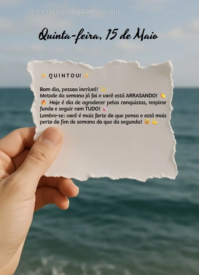 ✨ Q U I N T O U! ✨

Bom dia, pessoa incrível! 💫
Metade da semana já foi e você está ARRASANDO! 👏🔥 Hoje é dia de agradecer pelas conq...