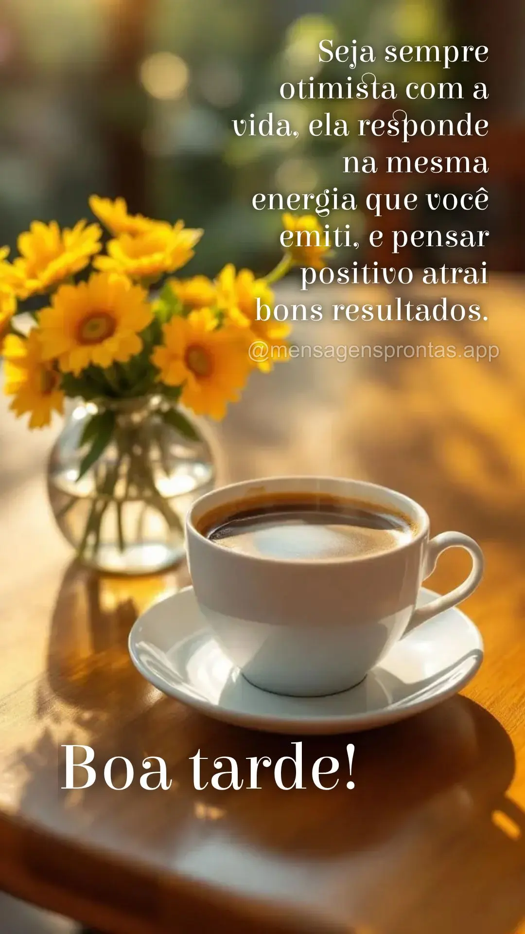 Seja sempre otimista com a vida, ela responde na mesma energia que você emiti, e pensar positivo atrai bons resultados.  Boa tarde!