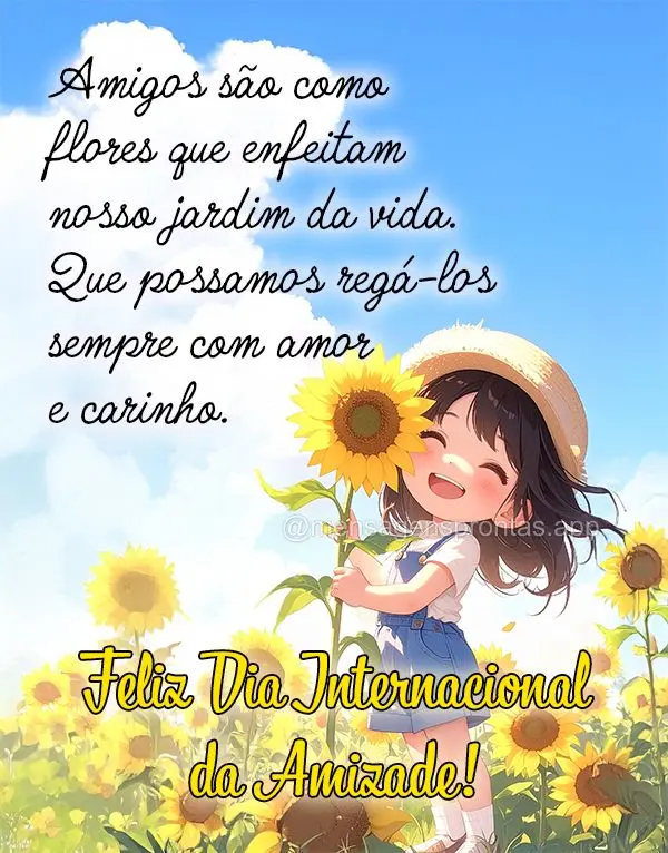 Amigos são como flores que enfeitam nosso jardim da vida. Que possamos regá-los sempre com amor e carinho.  Feliz Dia Internacional da Amizade!
