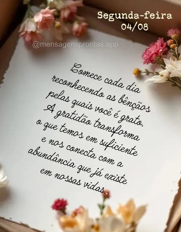 Comece cada dia reconhecendo as bênçãos pelas quais você é grato. A gratidão transforma o que temos em suficiente e nos conecta com a abundância q...