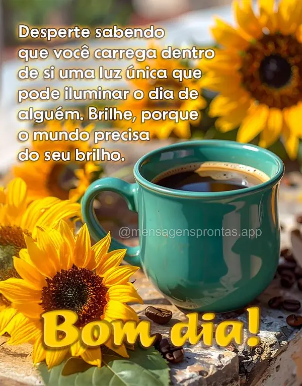 Desperte sabendo que você carrega dentro de si uma luz única que pode iluminar o dia de alguém. Brilhe, porque o mundo precisa do seu brilho. Bom dia!...