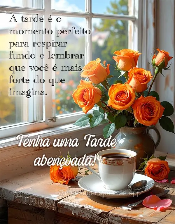 A tarde é o momento perfeito para respirar fundo e lembrar que você é mais forte do que imagina. Tenha uma tarde abençoada!