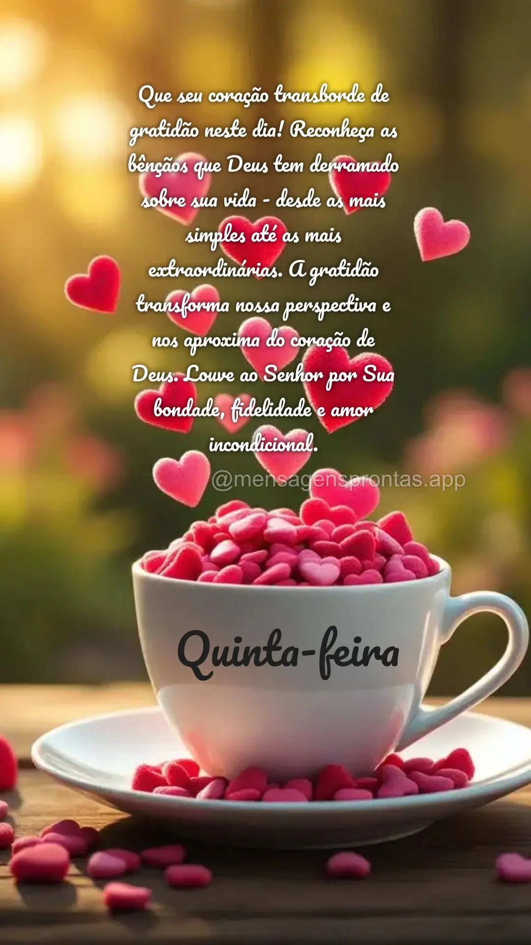 Que seu coração transborde de gratidão neste dia! Reconheça as bênçãos que Deus tem derramado sobre sua vida - desde as mais simples até as mais ...