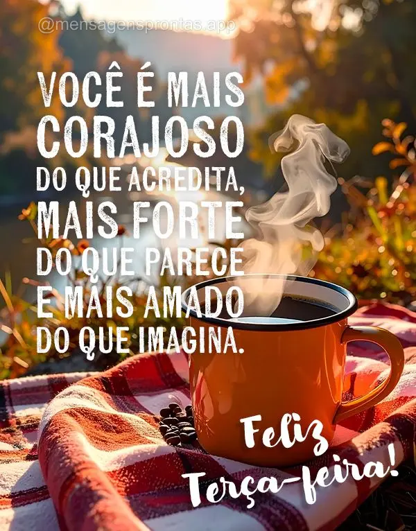 Você é mais corajoso do que acredita, mais forte do que parece e mais amado do que imagina. Feliz Terça-feira!