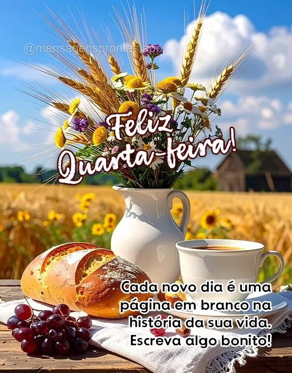 Cada novo dia é uma página em branco na história da sua vida. Escreva algo bonito! Feliz Quarta-feira!