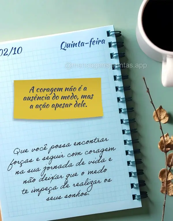"A coragem não é a ausência do medo, mas a ação apesar dele."
Que você possa encontrar forças e seguir com coragem na sua jornada de vida e não ...