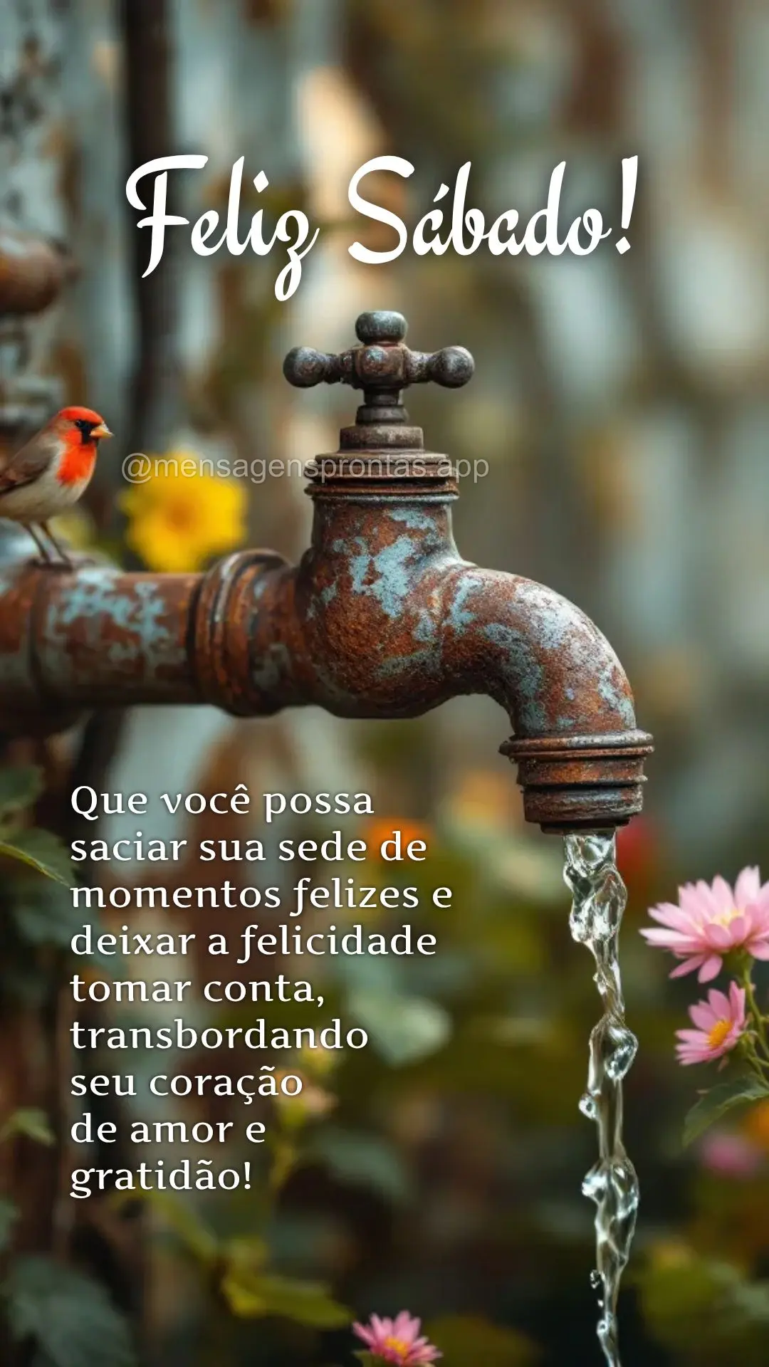 Que você possa saciar sua sede de momentos felizes e deixar a felicidade tomar conta, transbordando 
seu coração 
de amor e gratidão! Feliz Sábado...