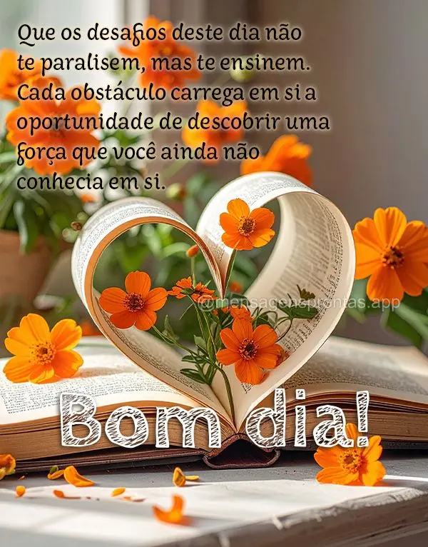 Que os desafios deste dia não te paralisem, mas te ensinem. Cada obstáculo carrega em si a oportunidade de descobrir uma força que você ainda não co...