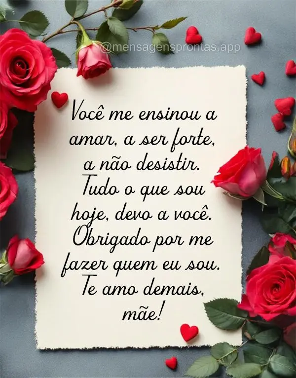 Você me ensinou a amar, a ser forte, a não desistir. Tudo o que sou hoje, devo a você. Obrigado por me fazer quem eu sou. Te amo demais, mãe!