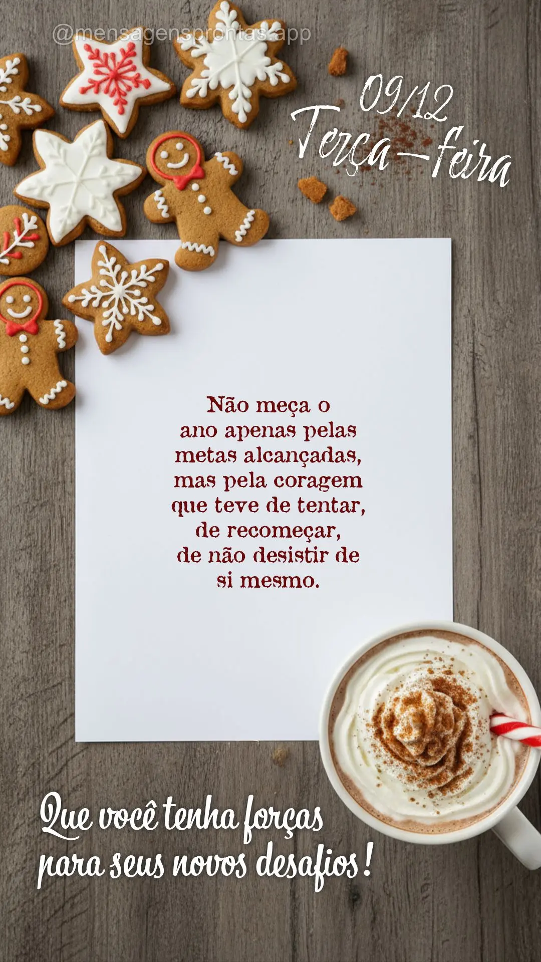 Não meça o ano apenas pelas metas alcançadas, mas pela coragem que teve de tentar, de recomeçar, de não desistir de si mesmo. Que você tenha força...