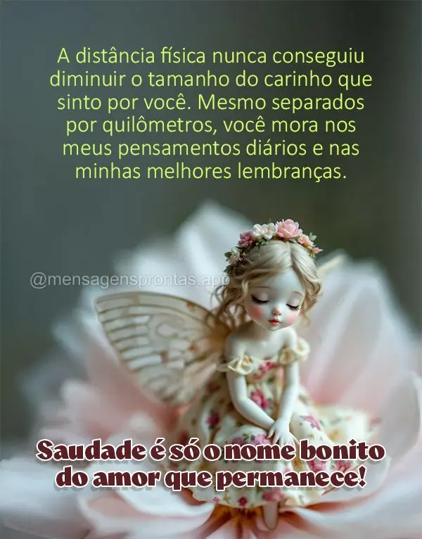 A distância física nunca conseguiu diminuir o tamanho do carinho que sinto por você. Mesmo separados por quilômetros, você mora nos meus pensamentos...